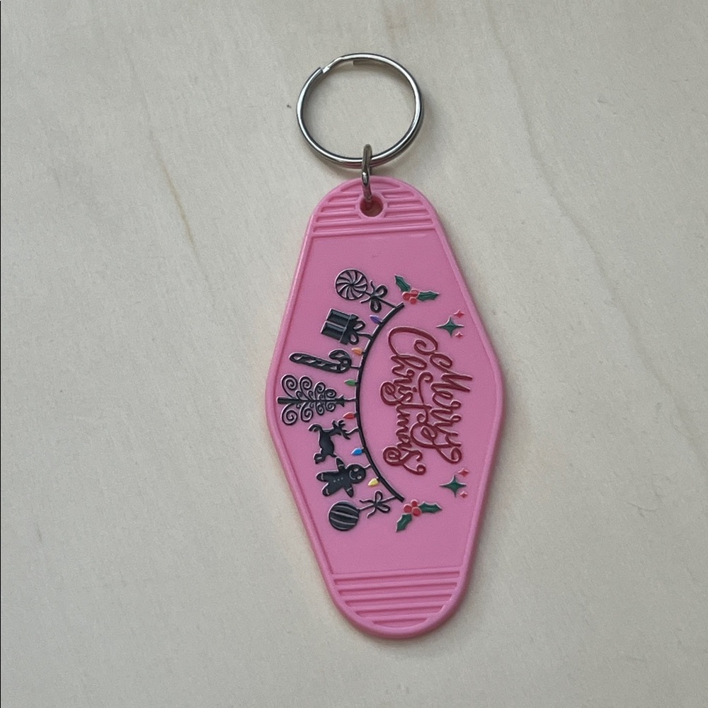 Merry Christmas Keychain | Pink Retro Motel Tag | Cute Holiday Gift